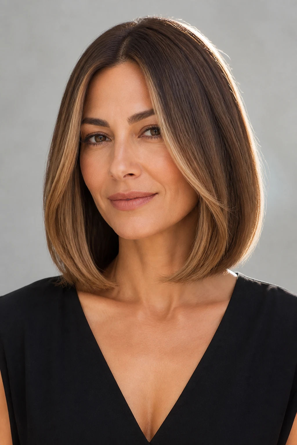 A polished blunt lob at the collarbone with soft internal layers on a woman in her mid-40s, parted center with subtle face-brightening ribbons.