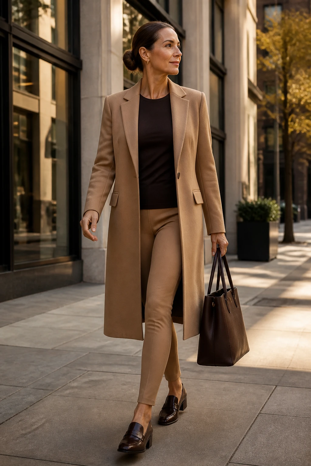 A stylish mid-40s woman wears a camel longline blazer, espresso tee, camel ponte leggings, and heeled loafers with a structured tote.