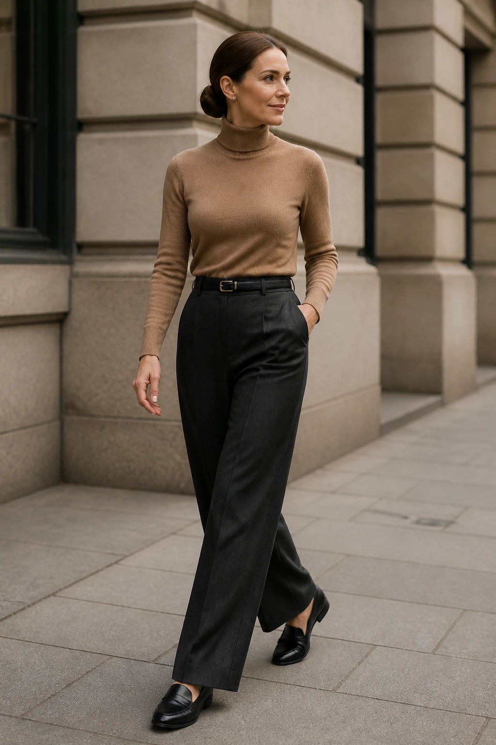 A stylish mid-40s woman wears a fine-gauge camel turtleneck, high-rise charcoal wide-leg trousers with a crease, slim belt, and black loafers for a refined, streamlined look.