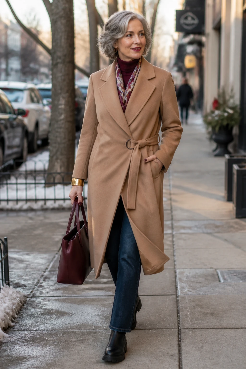 A stylish mid-50s woman in a camel wrap coat over a cashmere turtleneck with dark straight jeans and lug-sole boots, silk scarf and bold cuff, walking in soft winter city light.