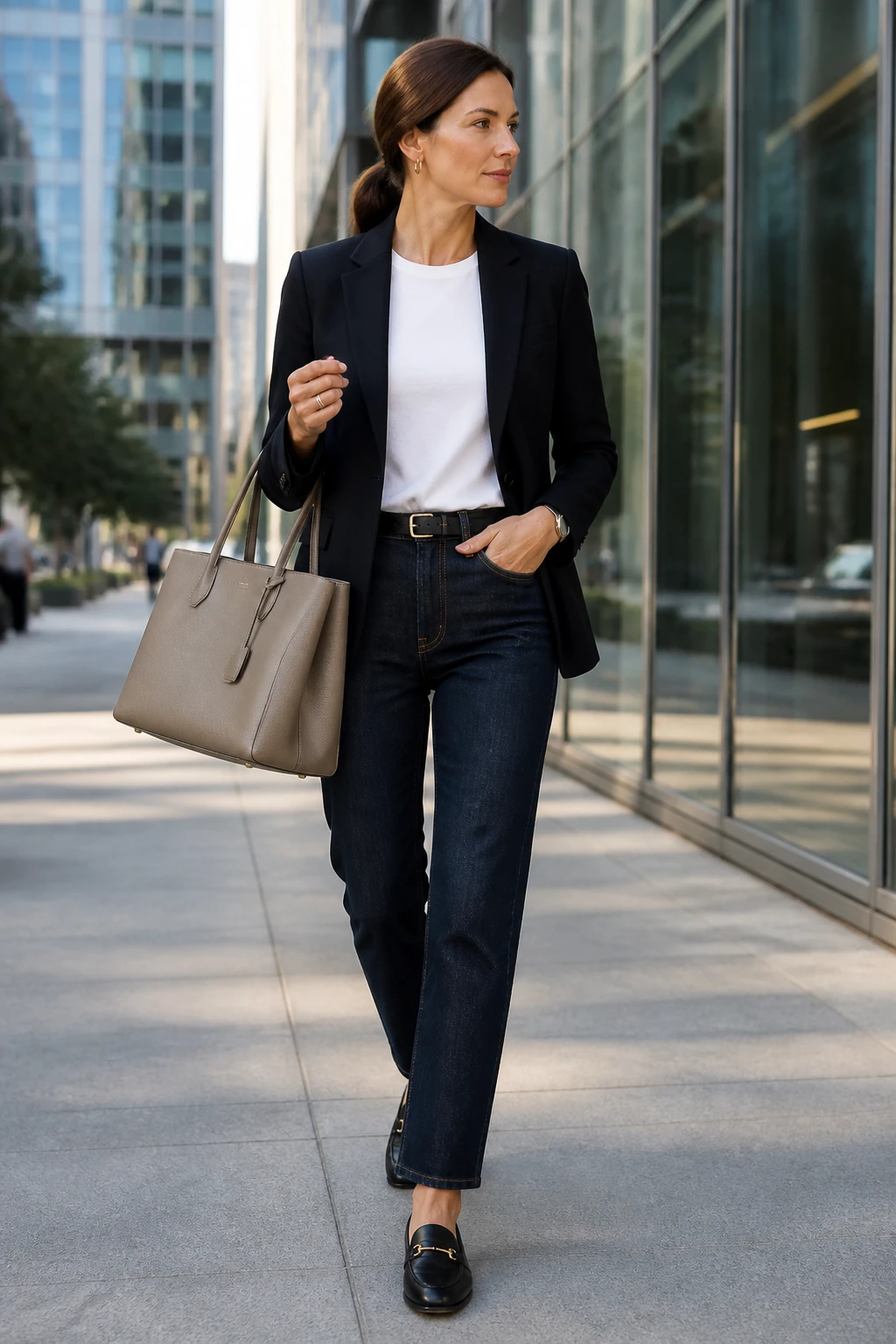 A stylish mid-40s woman wears dark straight-leg jeans with a white tee, tailored blazer, and leather loafers for a polished editorial fashion look.