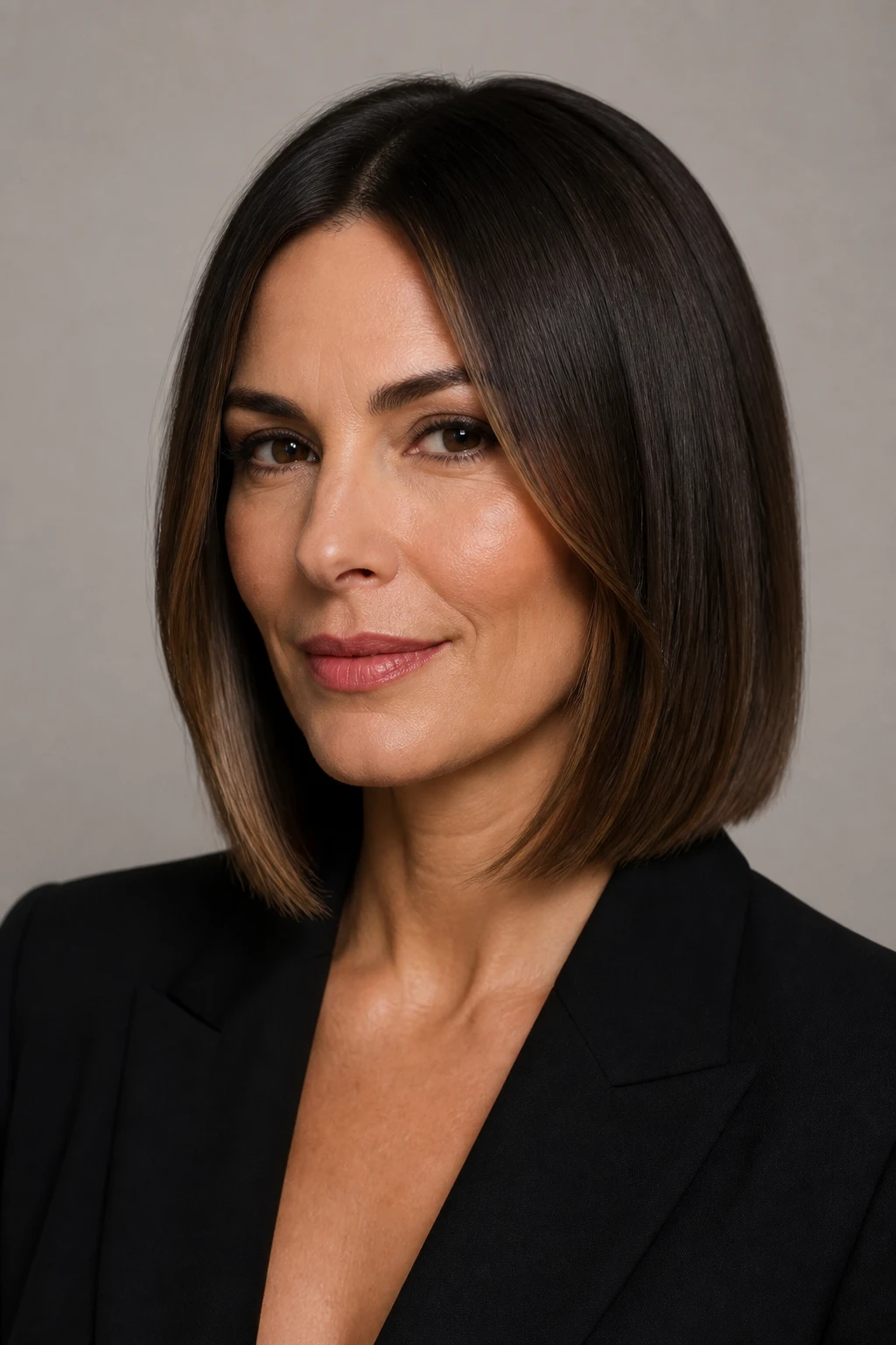 A mid-40s woman wears a polished espresso lob with softly lighter ends and curved face-framing pieces.