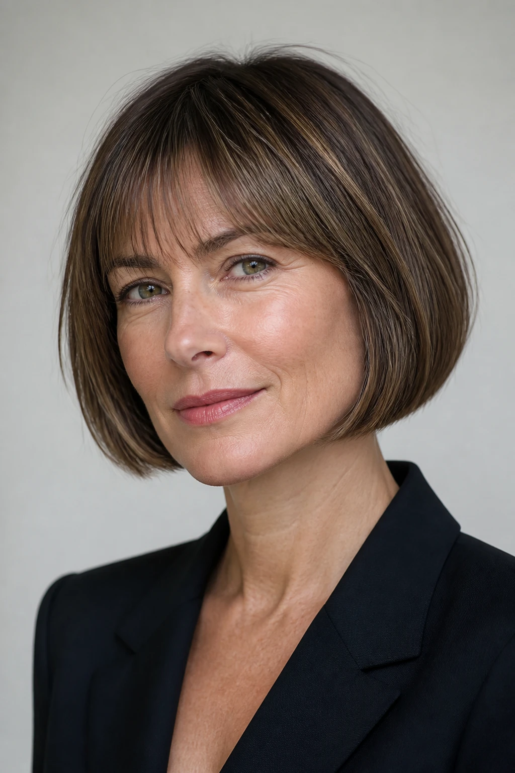 A mid-40s woman wears a French bob with airy fringe, rounded baseline, and subtle highlights that enhance fine hair.