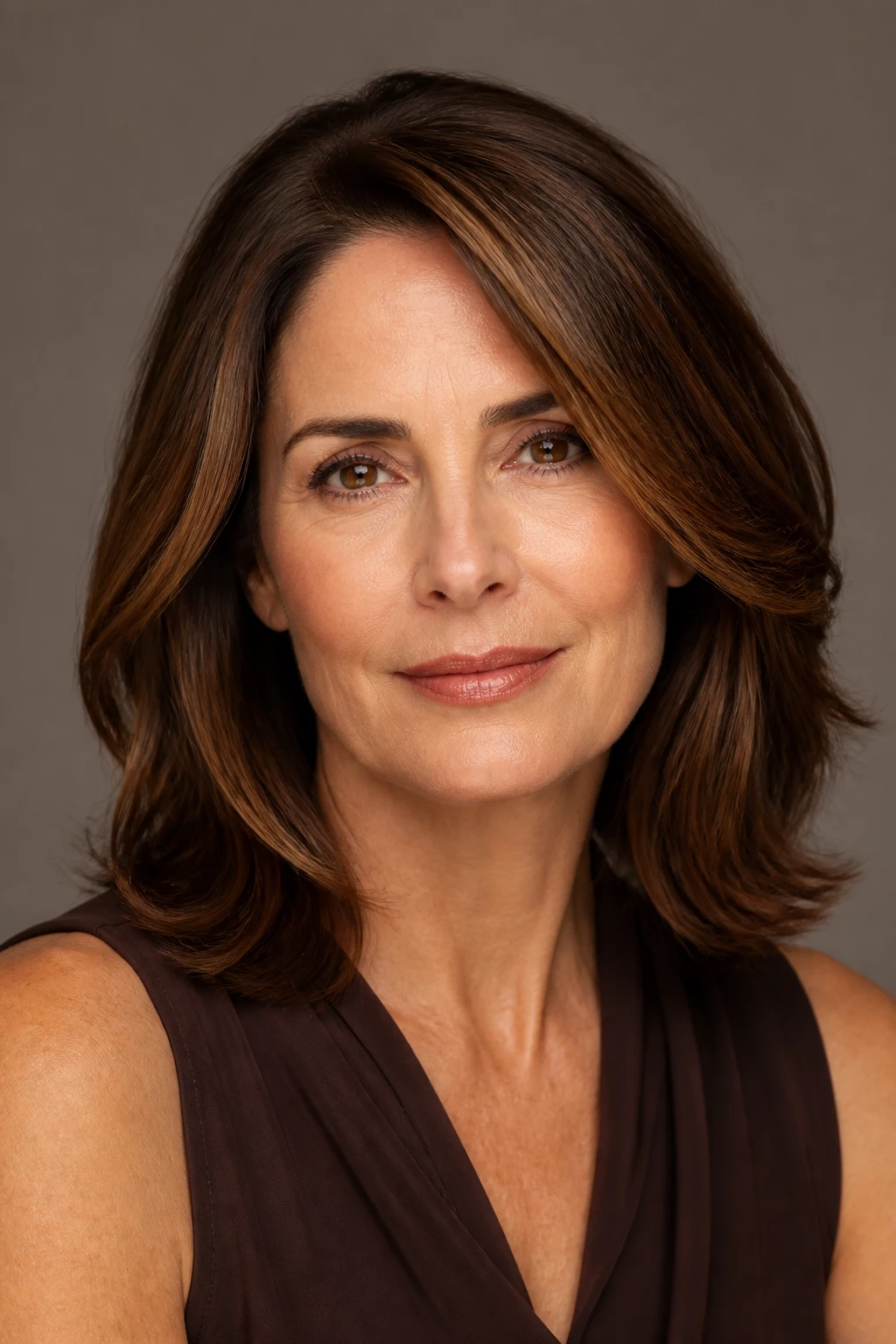 A polished chestnut brunette with micro-veils around the face on a stylish woman in her mid-50s, finished with a soft gloss for luminous shine.