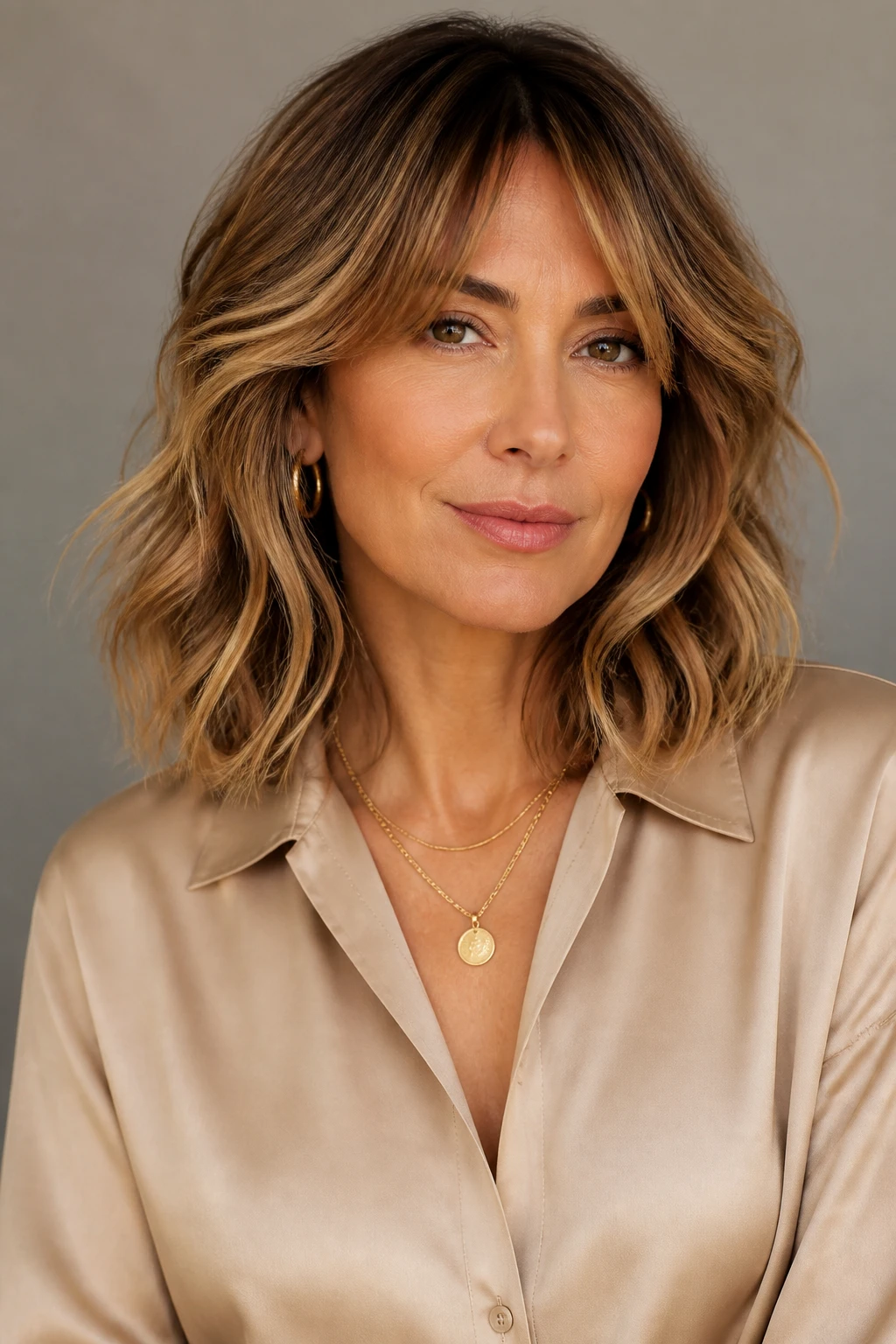 A stylish woman in her mid-40s wears honey balayage with a lighter face frame and airy, wavy ends.