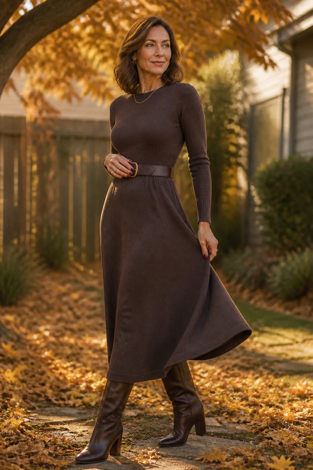 A stylish mid-40s woman wears a ribbed-waist merino midi dress with a belt and tall block-heel boots, minimal jewelry, and glossy berry nails in autumn light.