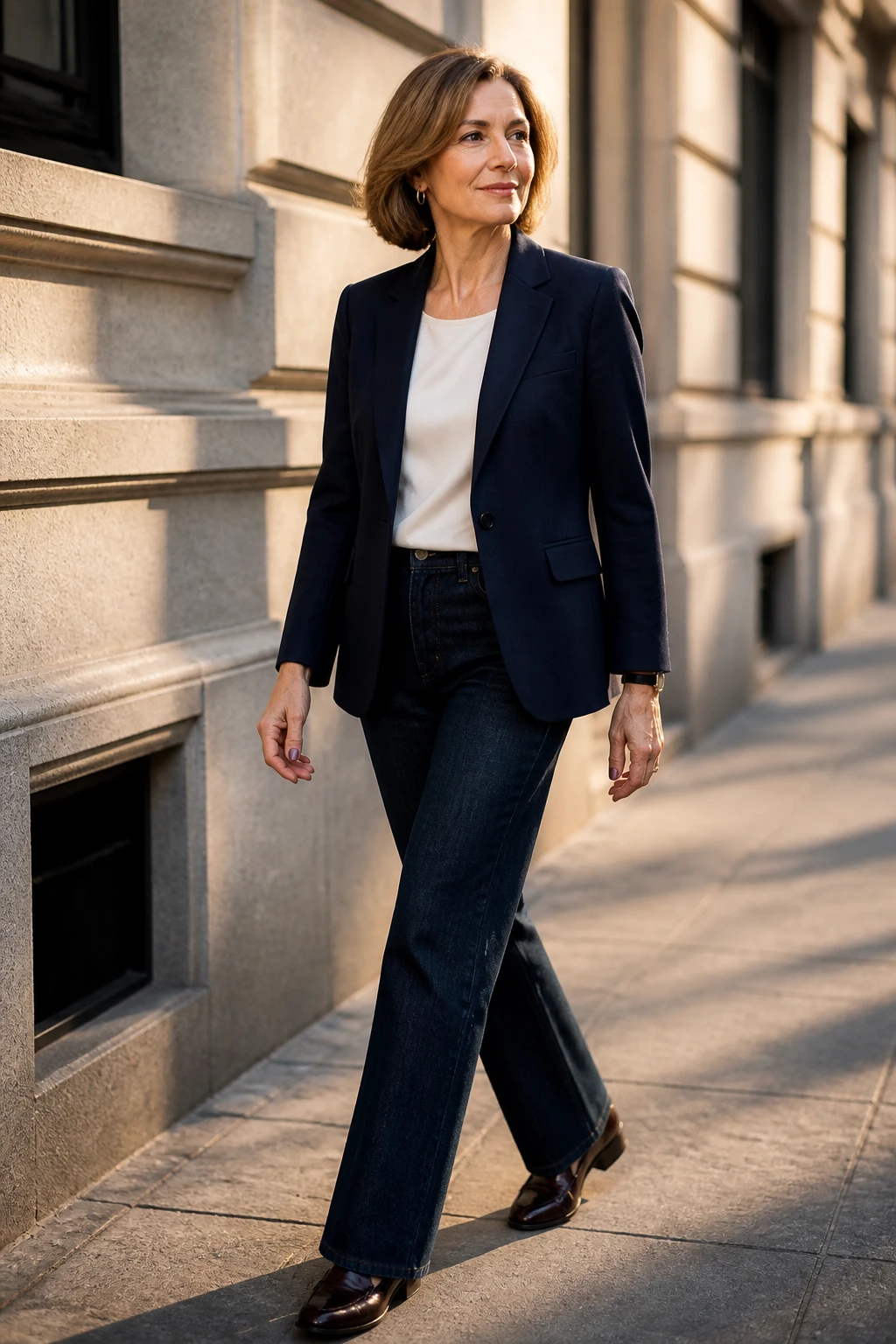Stylish mid-50s woman in a navy blazer, straight-leg jeans, and polished loafers walking confidently in golden-hour city light.