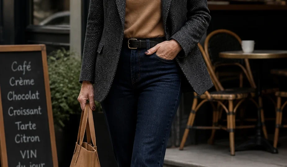 A stylish mid-50s woman wears a relaxed herringbone blazer, straight indigo jeans, and polished loafers with a camel tee and structured tote.