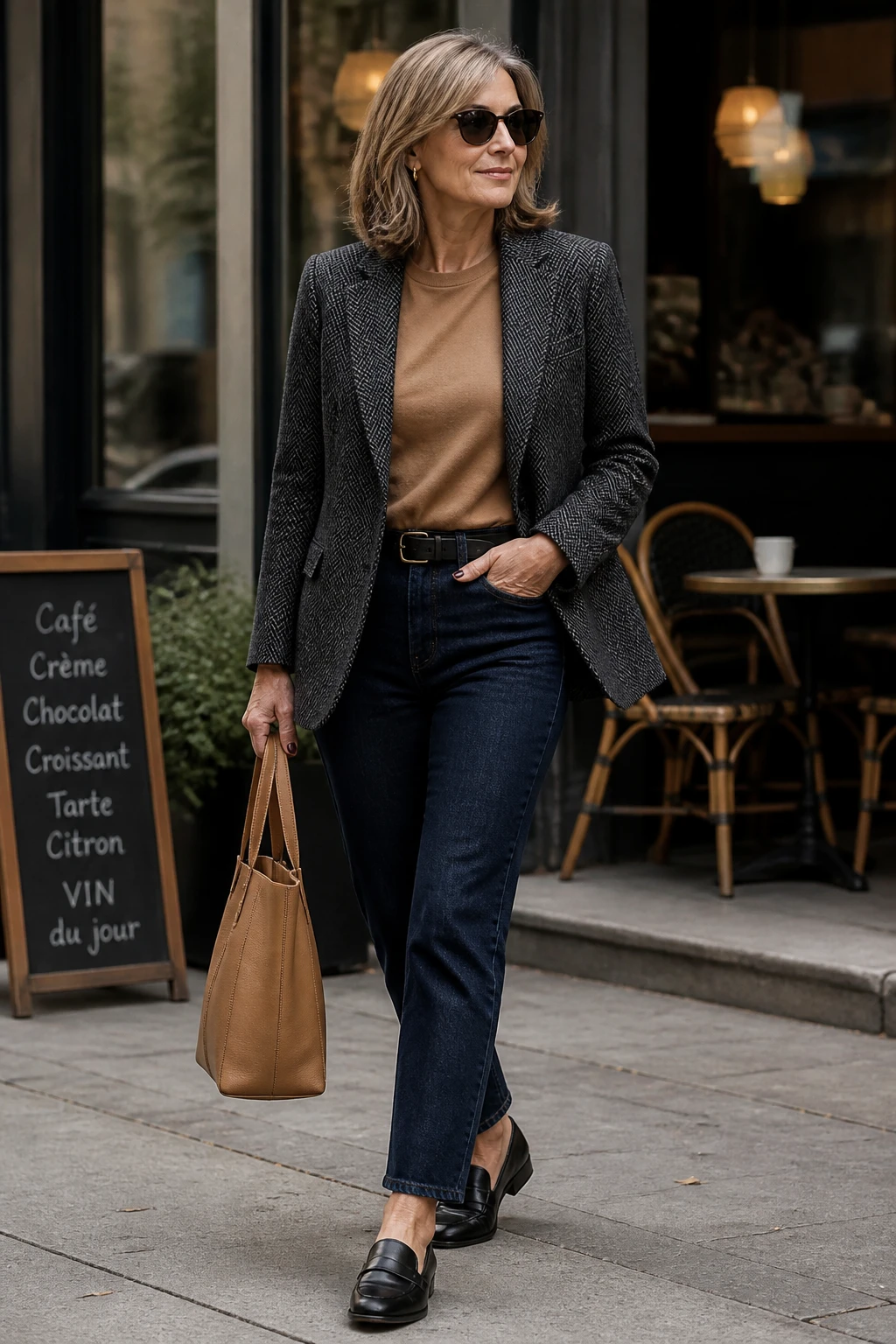 A stylish mid-50s woman wears a relaxed herringbone blazer, straight indigo jeans, and polished loafers with a camel tee and structured tote.