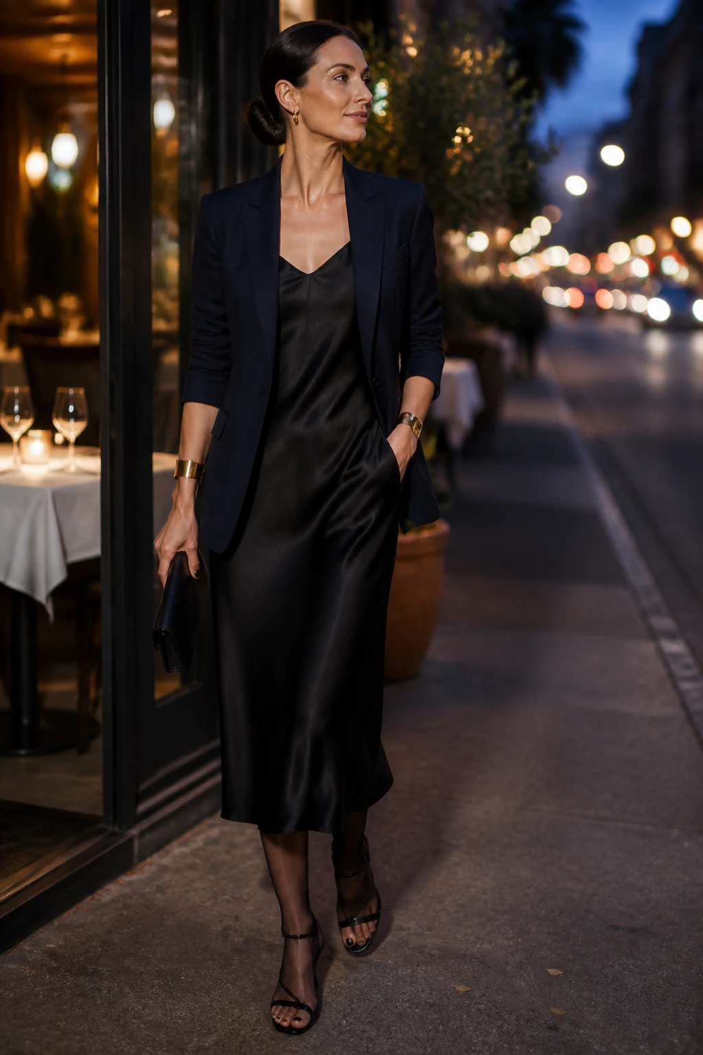 A stylish mid-30s woman wears a black silk midi slip dress with a sharp navy blazer, minimal heeled sandals, sheer tights, and a cuff bracelet, carrying a slim clutch.