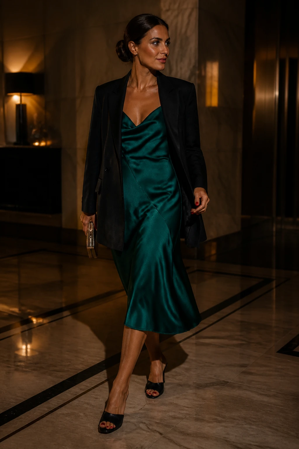 A stylish mid-30s woman wears a jewel-tone satin slip dress with a slouchy long blazer and sleek mules, carrying a metallic clutch.