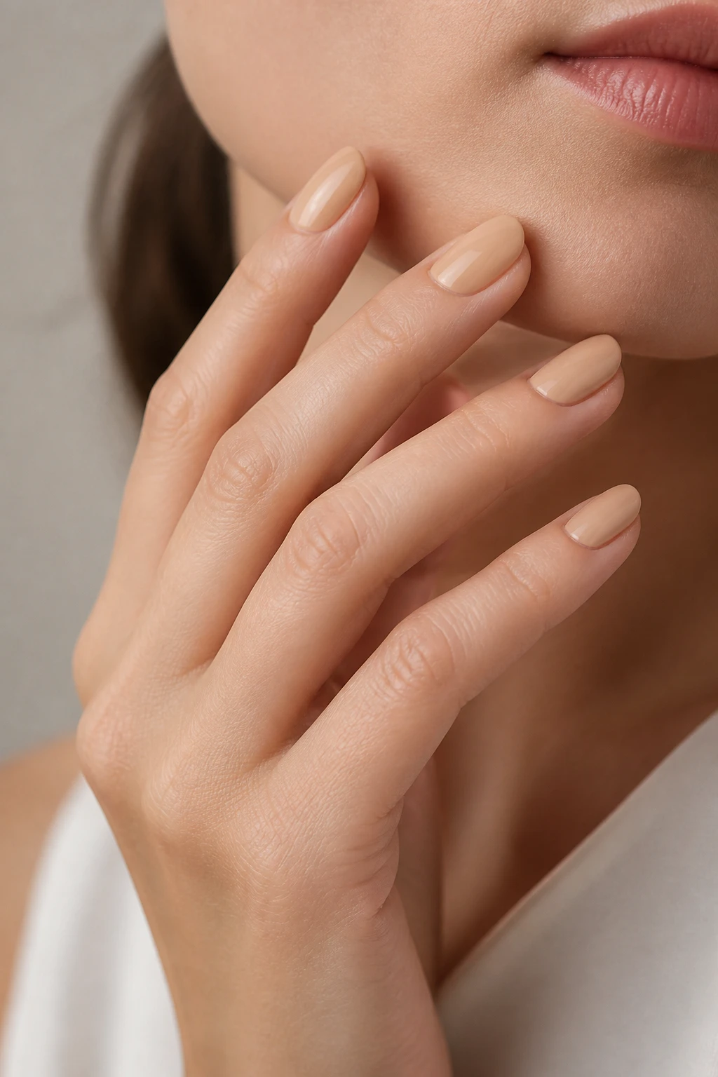 Close-up soft almond nude manicure in a creamy satin finish that skims the skin.