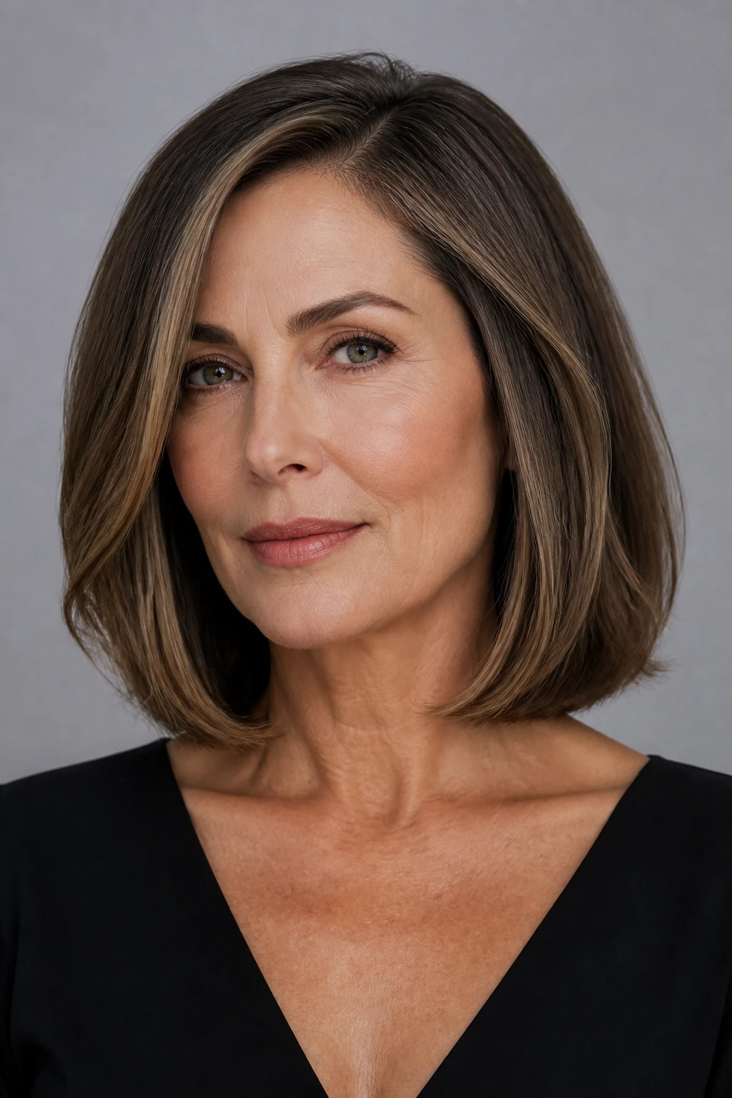 A stylish mid-50s woman wears a soft-blunt lob with slight inward bend and subtle face-framing babylights.