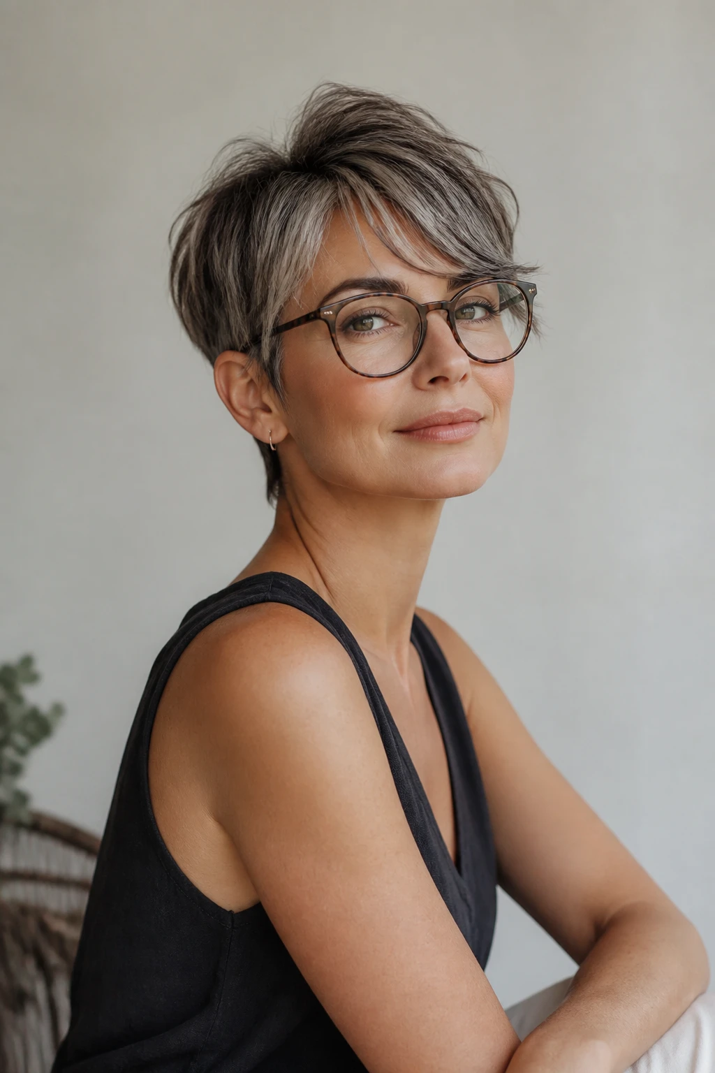 A mid-40s woman wears a soft-grown pixie with airy edges, tapered nape, and wispy cheekbone fringe.