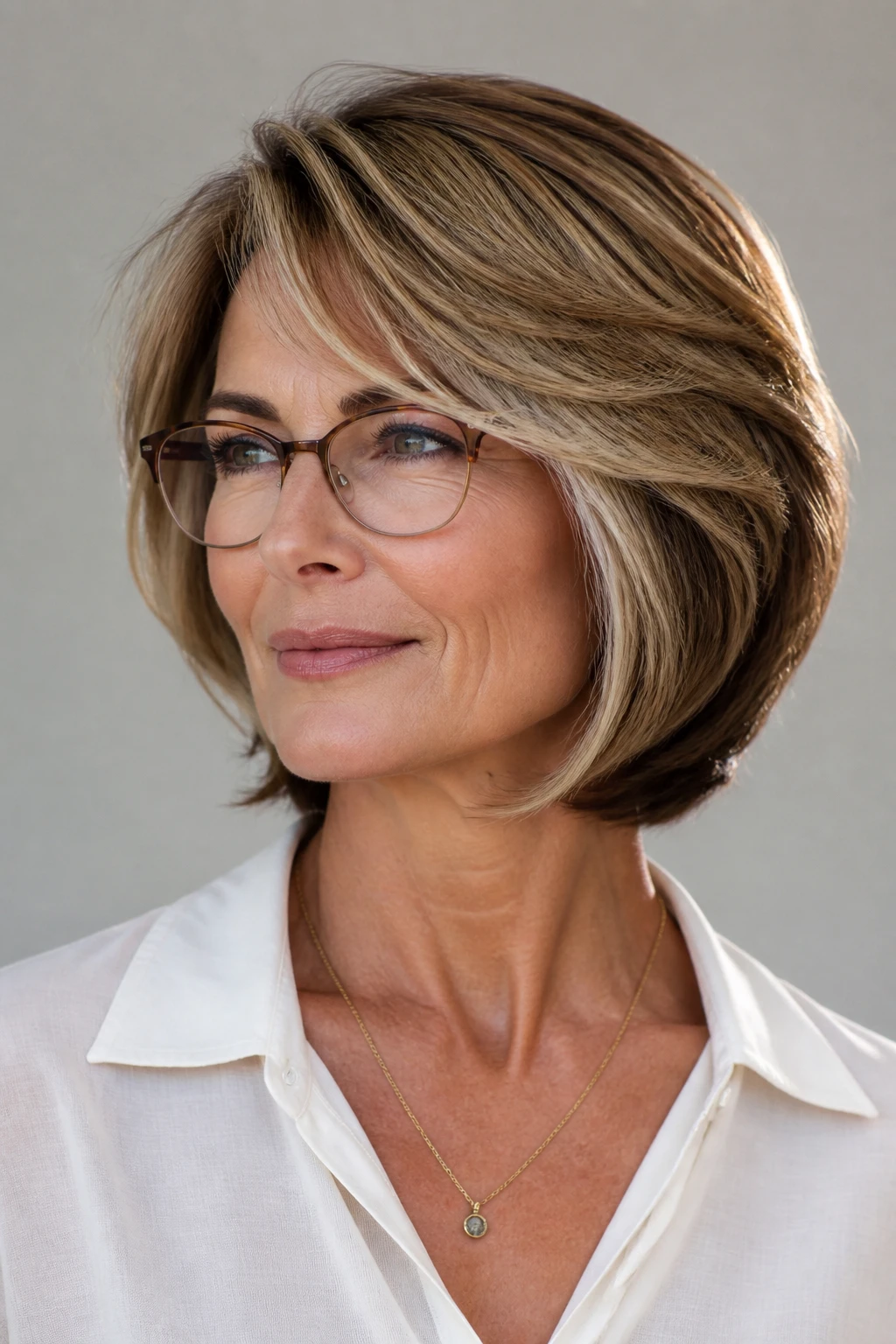 A stylish mid-50s woman with a soft layered bob and side-swept bangs that skim the brows and tuck at the temples, enhanced with fine highlights.