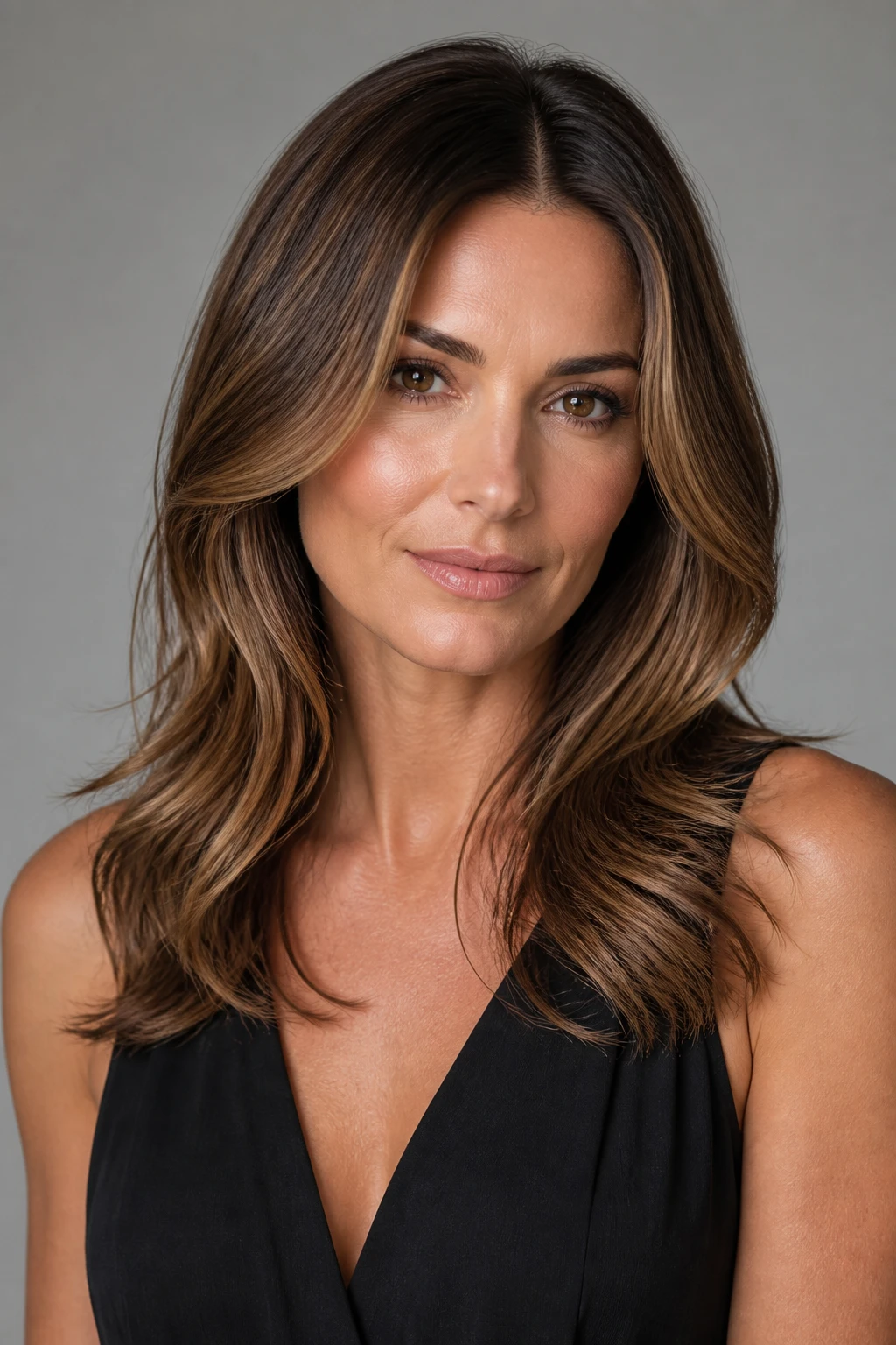 A modern long layered cut with face-framing pieces and soft balayage on a stylish woman in her mid-40s.