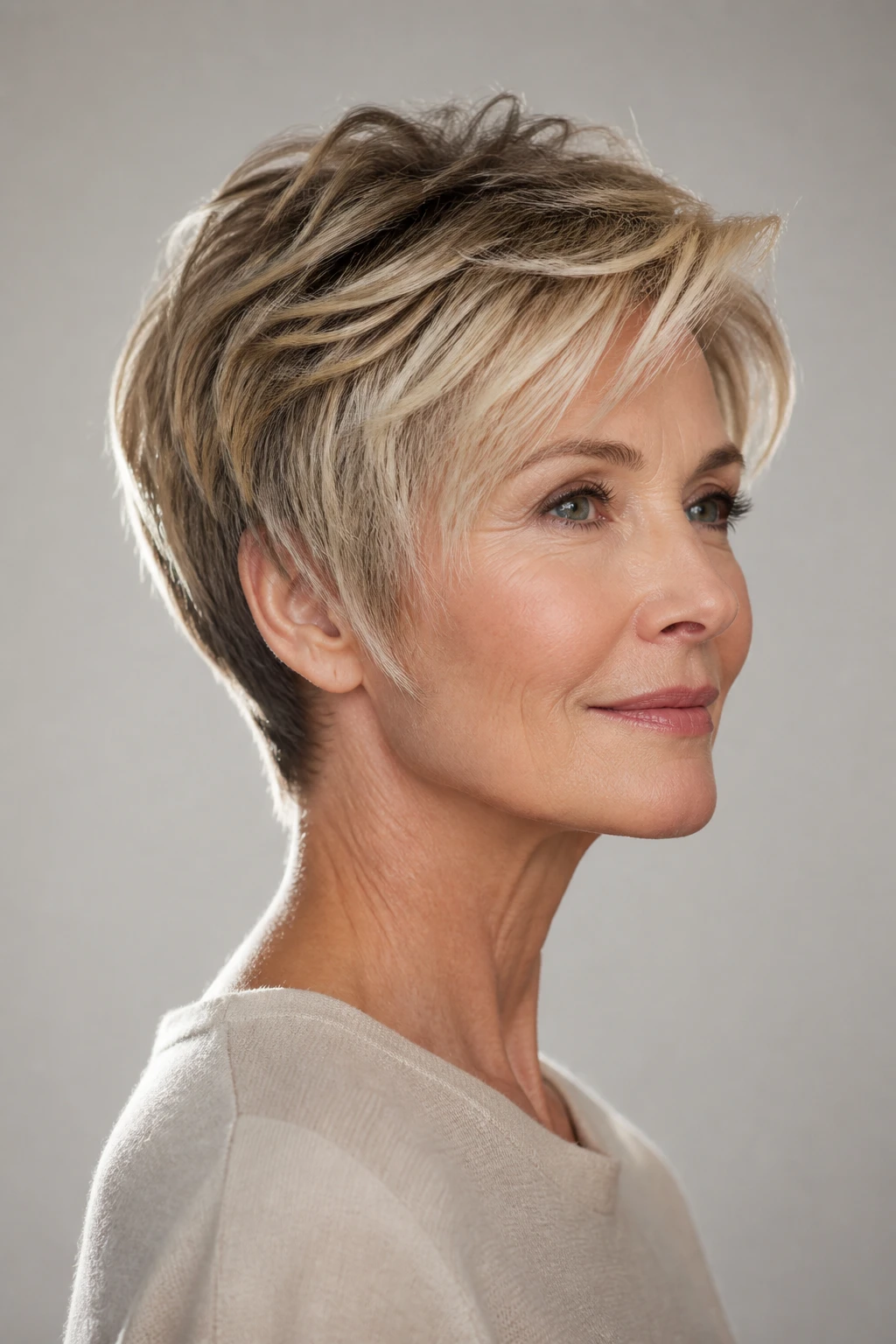A stylish mid-50s woman wears a soft pixie with a tapered nape, piecey top, and brighter face-framing strands.
