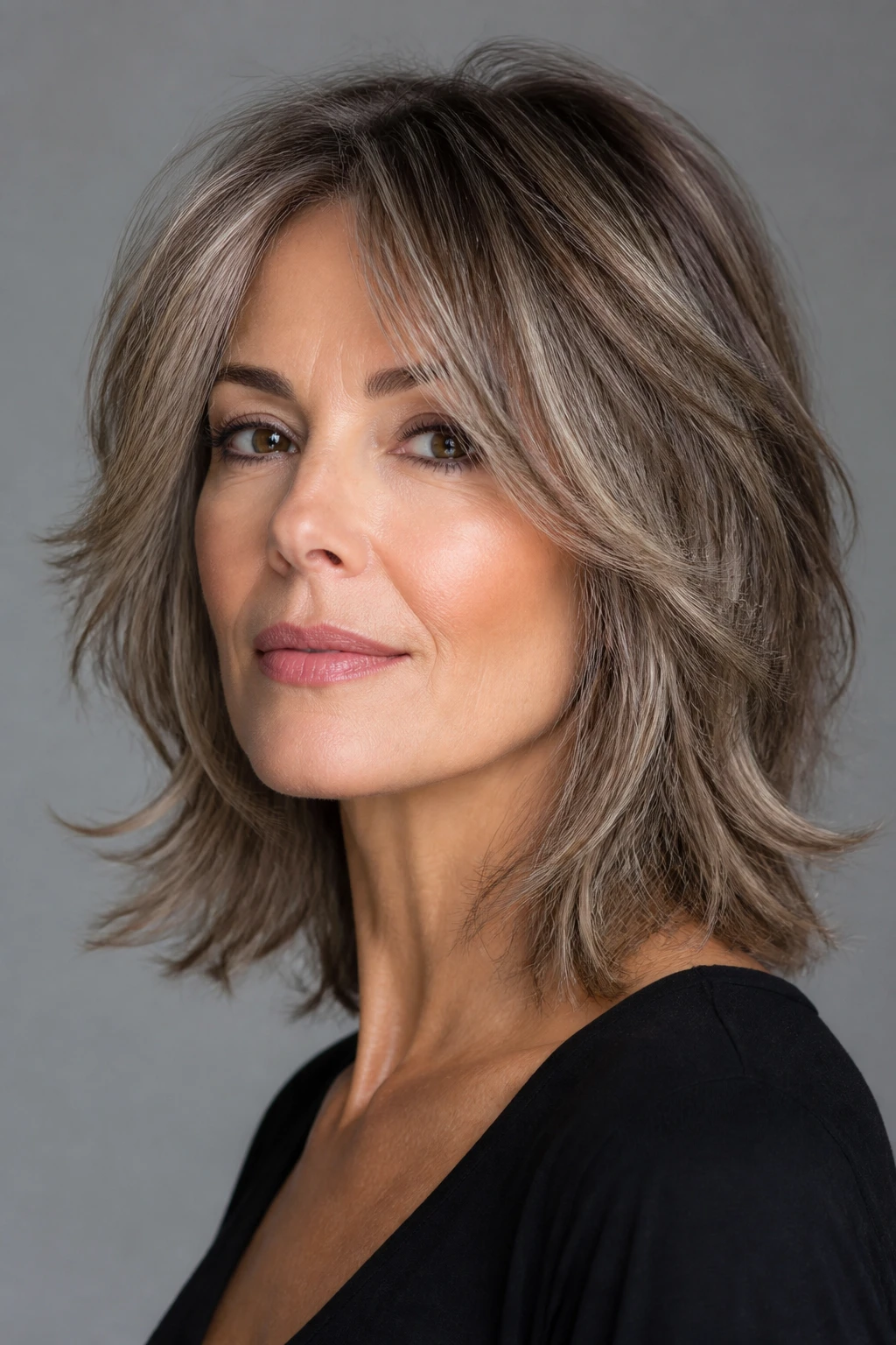 A stylish woman in her mid-50s wears a shoulder-length soft shag with airy, feathered layers and subtle balayage that blends gray.