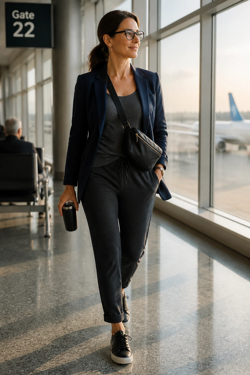 A stylish mid-40s woman wears a soft-structured blazer over a monochrome knit set with sleek sneakers and a crossbody belt bag in an airport.