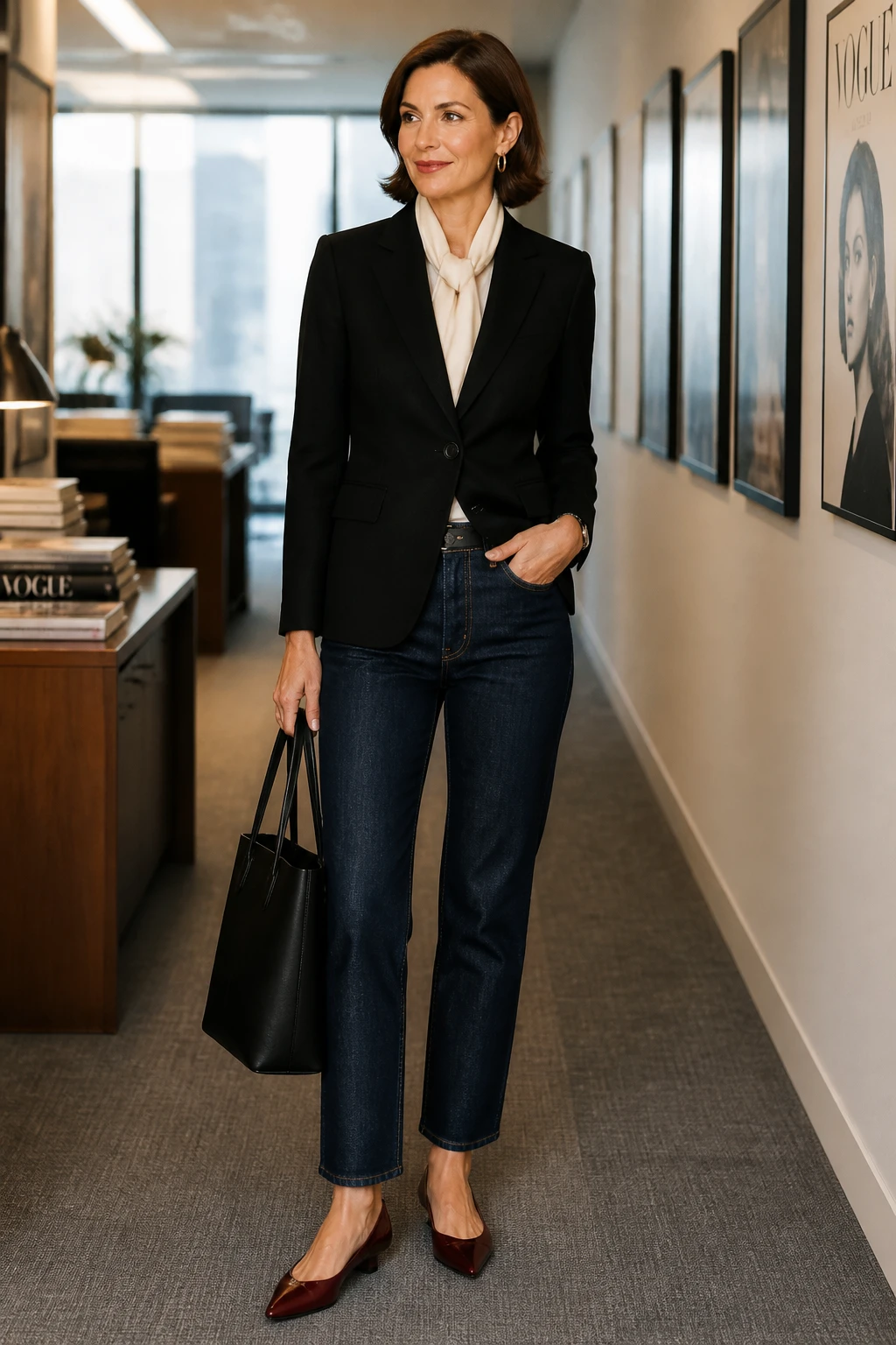 A stylish 45-year-old woman wears a black tailored blazer, indigo straight jeans, ivory silk scarf, and pointed oxblood flats for a polished business casual look.