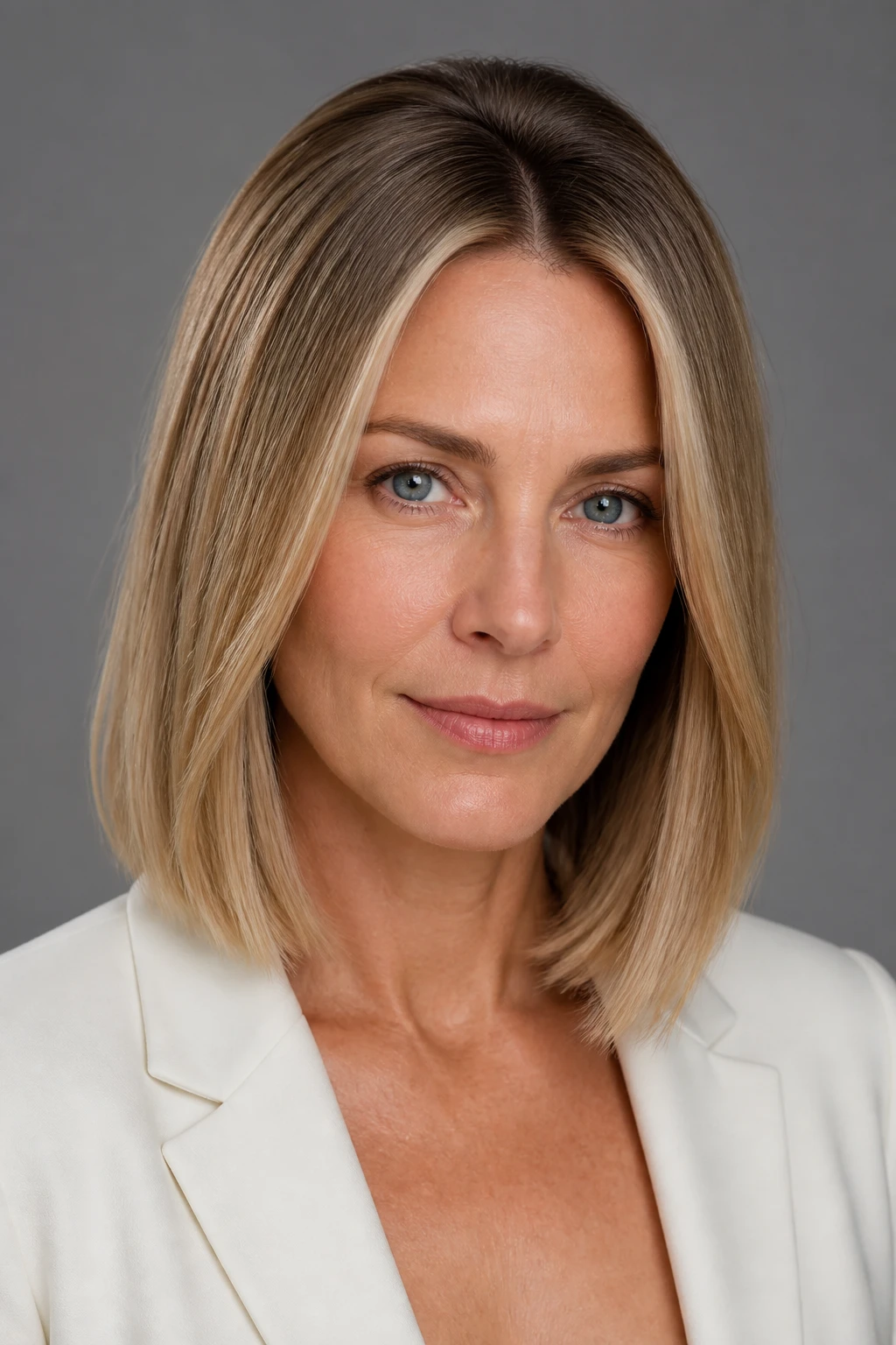 An elegant 44-year-old showcases beige-blonde hair with a cool shadow root and subtle front micro-babylight.