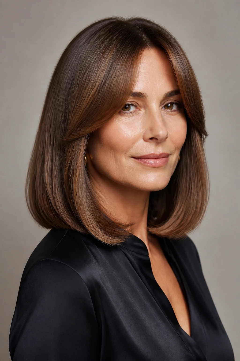 Bust-length blunt hair with soft curtain bangs and micro-beveled ends on a confident woman in her mid-40s.