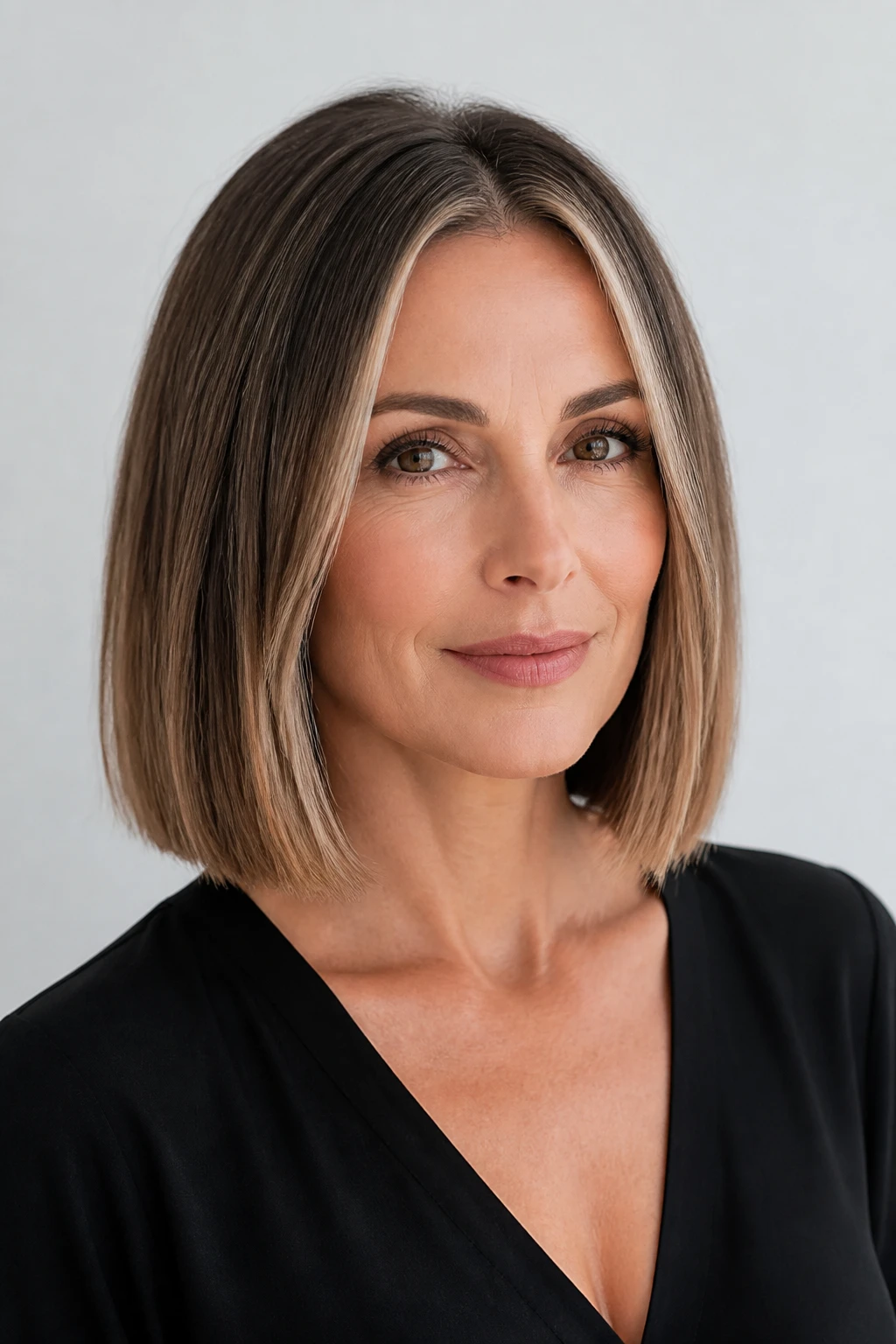 A stylish mid-40s woman with a collarbone-length blunt lob and subtle face-framing pieces.