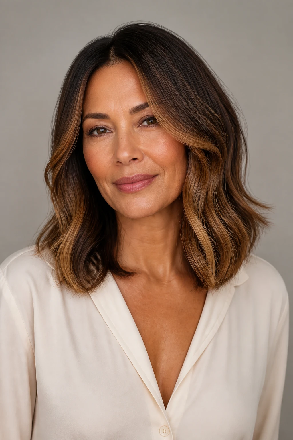 Caramel balayage on a warm medium brown base brightens a stylish woman in her mid-50s from cheekbone to collarbone with diffused ends.