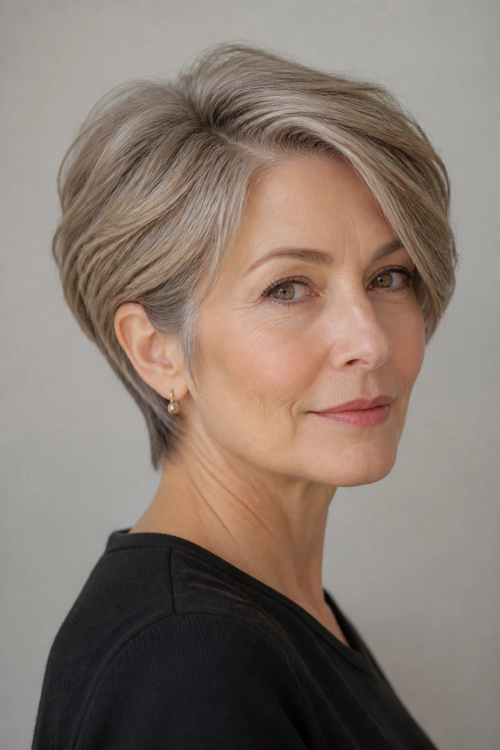 An elegant woman in her mid-50s wears a grown-out crop with a tapered back, soft crown volume, and cool beige tones.