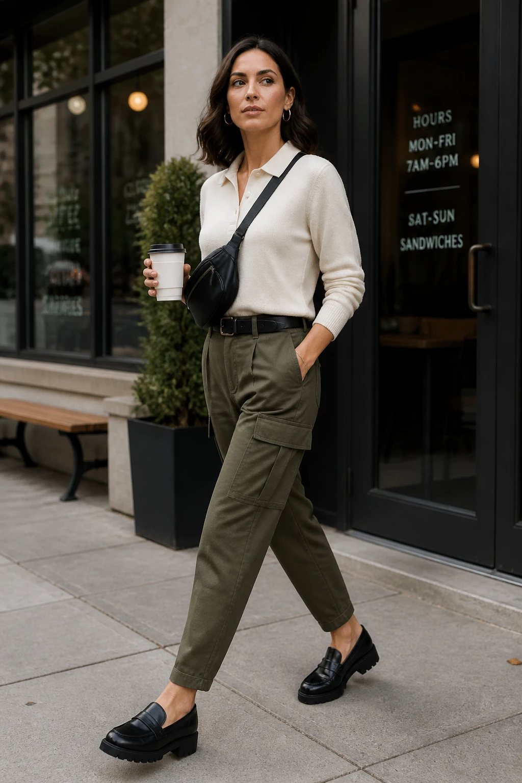 A confident woman in her mid-30s wears an ivory knit polo with olive tailored cargo pants, lug-sole loafers, and a crossbody belt bag.