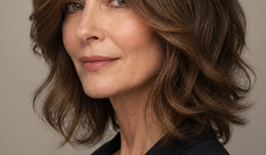 A chic woman in her 50s wears a shoulder-skimming modern shag with elongated layers and relaxed waves.