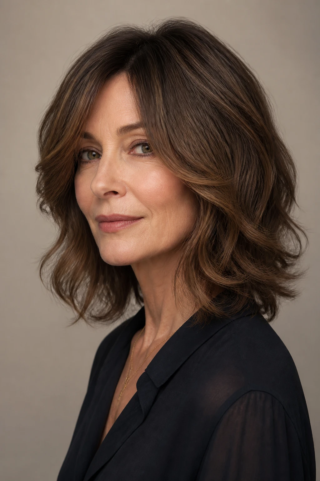 A chic woman in her 50s wears a shoulder-skimming modern shag with elongated layers and relaxed waves.
