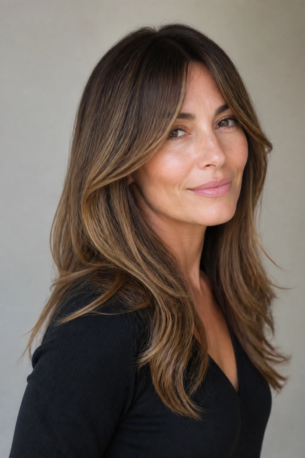 Long layers with curtain bangs that skim the cheekbones on a stylish woman in her mid-40s, finished with soft movement and subtle balayage.