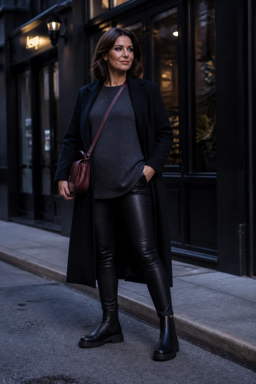 An elegant woman in her mid-40s wears matte faux-leather leggings, a charcoal cashmere crewneck, a black topcoat, and lug-sole Chelsea boots for evening.