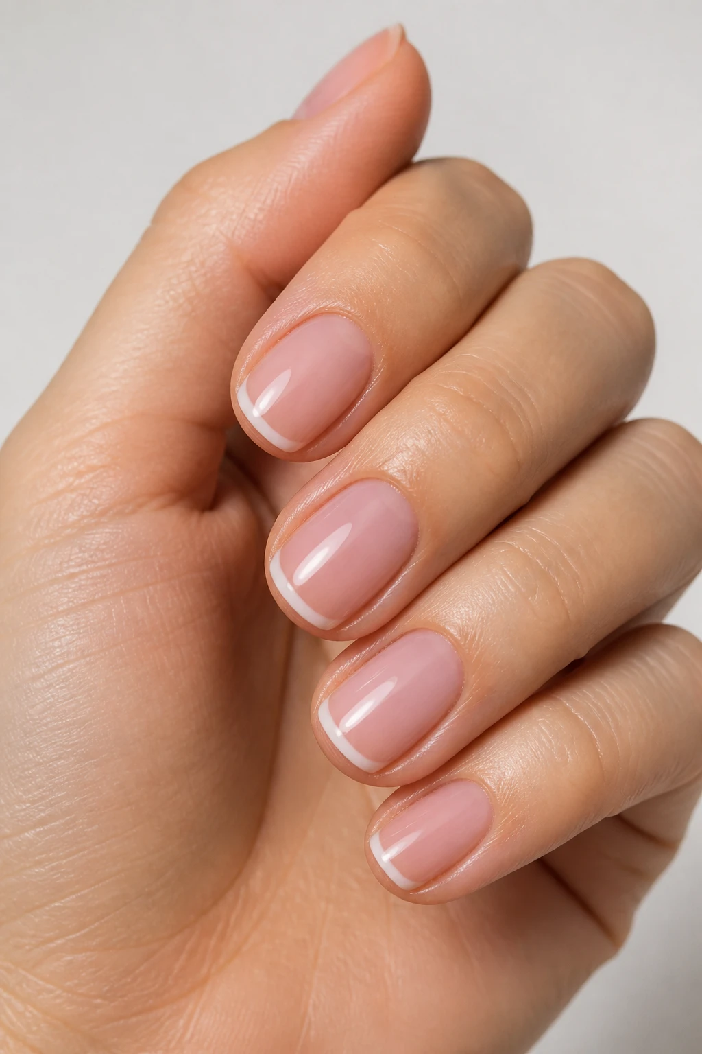 Short squoval micro-French manicure with sheer pink base and whisper-thin white edges.