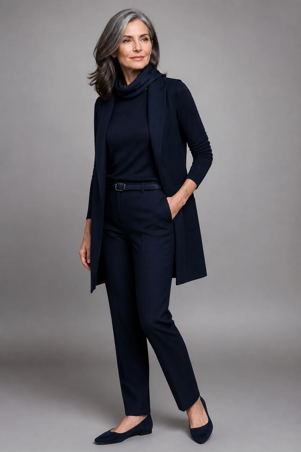 Elegant mid-50s woman in an ink-blue monochrome column with a longline vest and almond-toe flats in a studio setting.