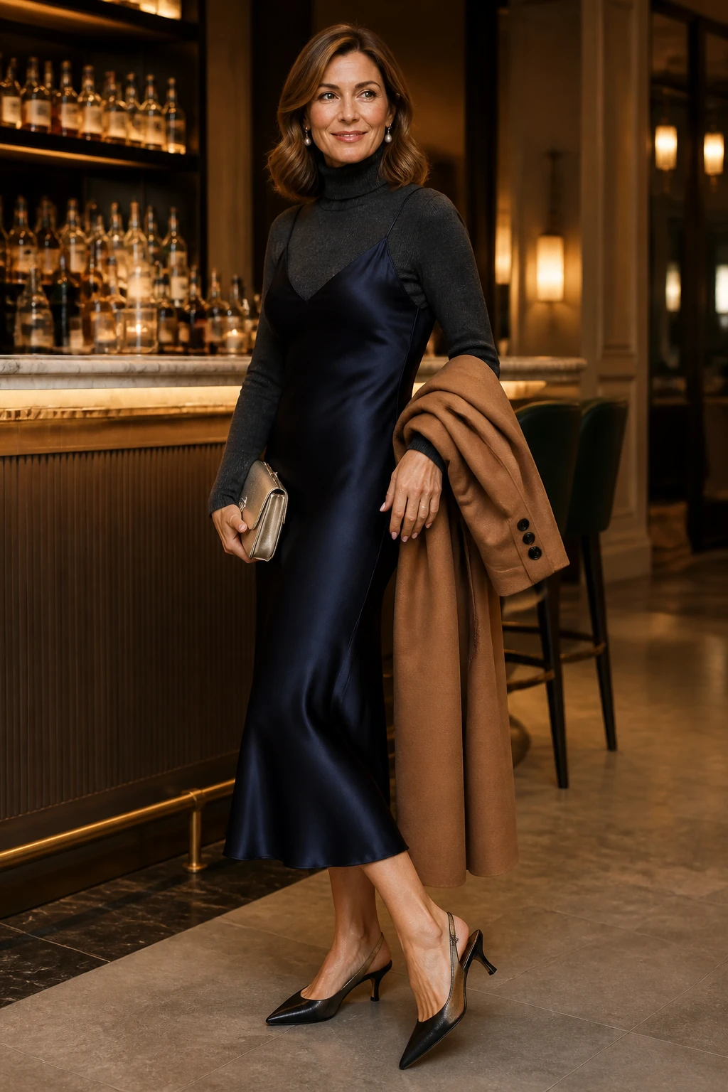 A chic woman in her mid-50s pairs a midnight satin slip midi with a charcoal cashmere turtleneck, kitten slingbacks, pearls, and a metallic clutch.