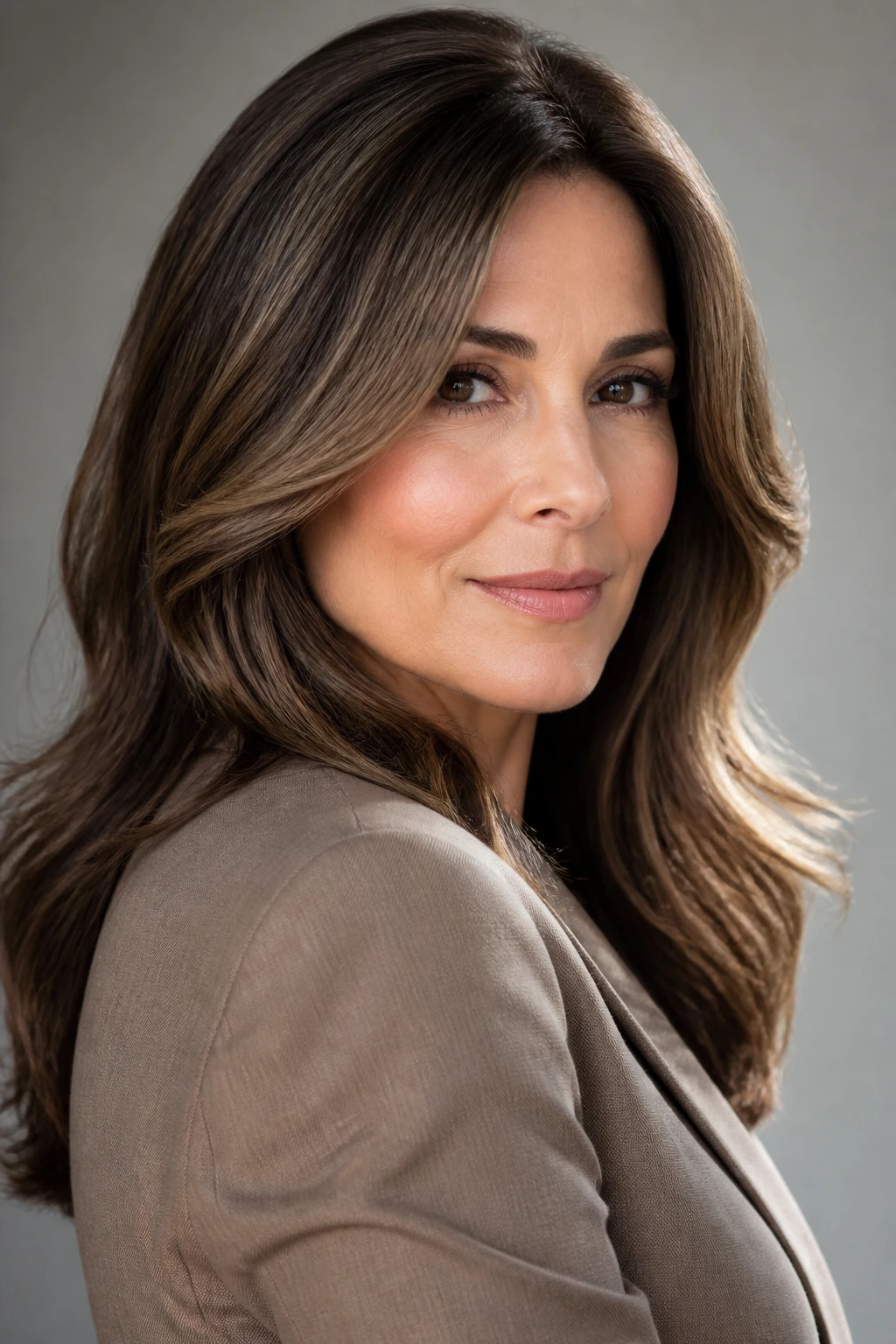 A stylish woman in her late 40s shows a mushroom brunette balayage with cool lowlights and softly thick ends.
