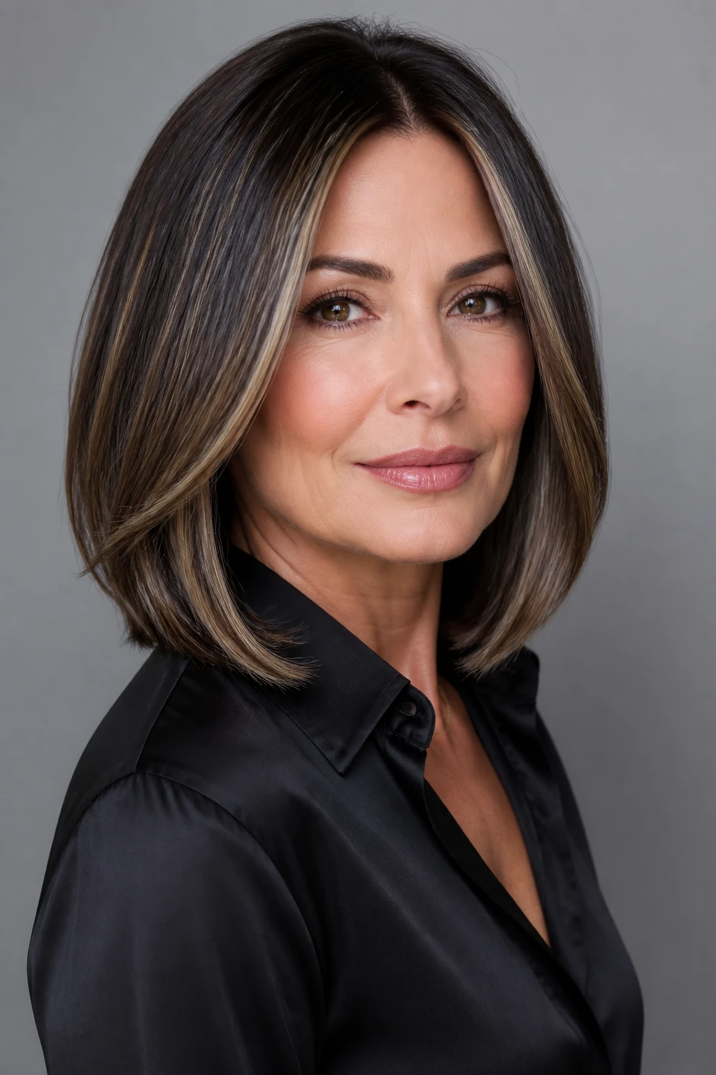A stylish woman in her mid-40s wears a collarbone lob with blunt ends, glossy finish, and lighter ribbons toward the face.