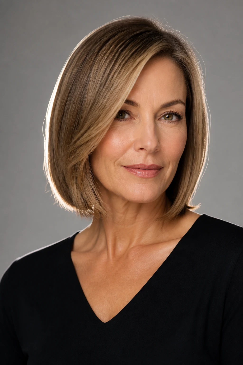 An elegant woman in her late 50s wears a polished collarbone-length lob with blunt, micro-texturized ends and subtle babylights.