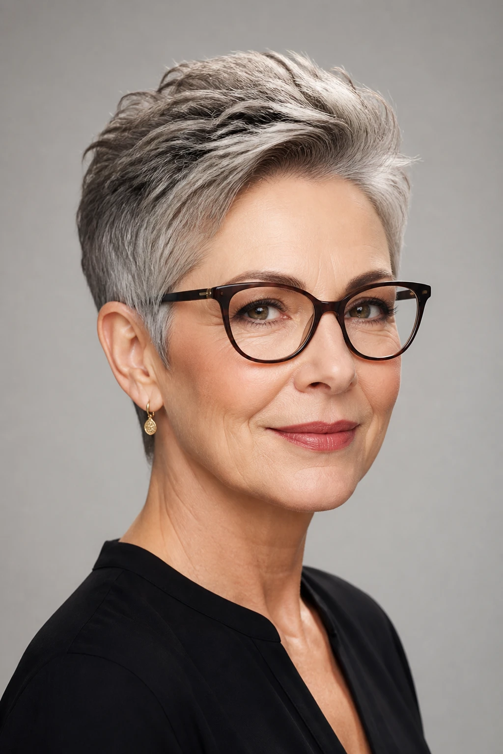 An elegant late-50s woman with a polished pixie featuring tapered sides and lifted, textured crown that clears her glasses.