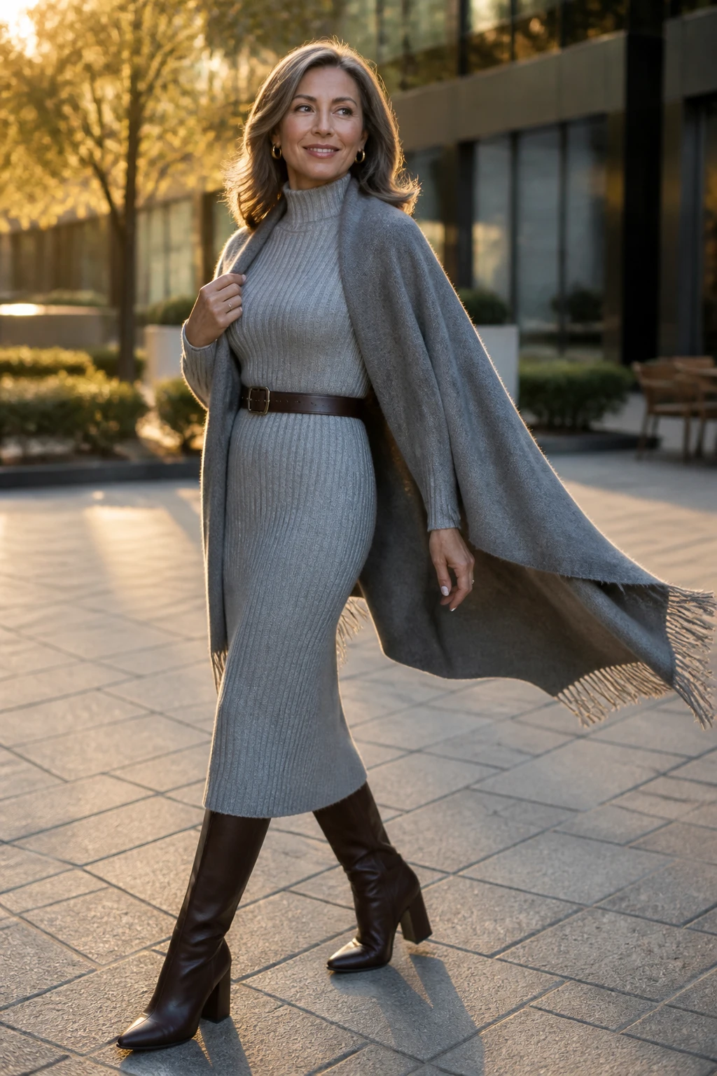 An elegant woman in her mid-50s wears a ribbed knit midi dress with a belt, tall brown boots, and a chic wrap.