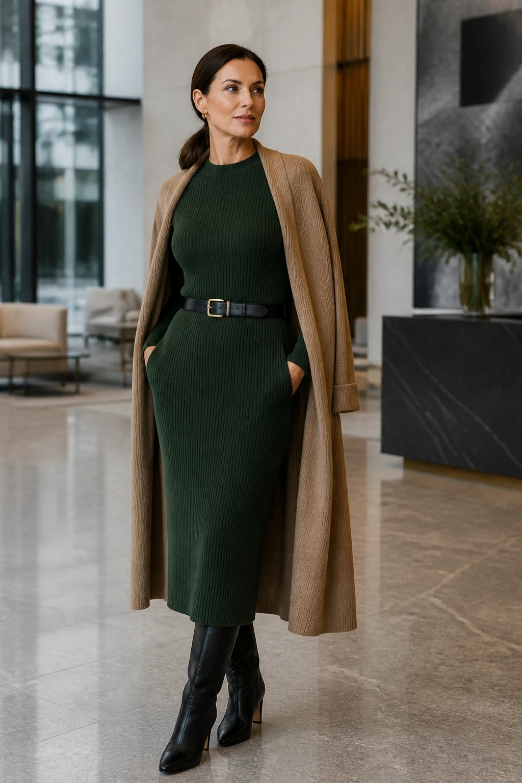 An elegant mid-40s woman wears a forest ribbed knit midi with a structured belt, sleek knee-high boots, and a draped longline cardigan-coat.