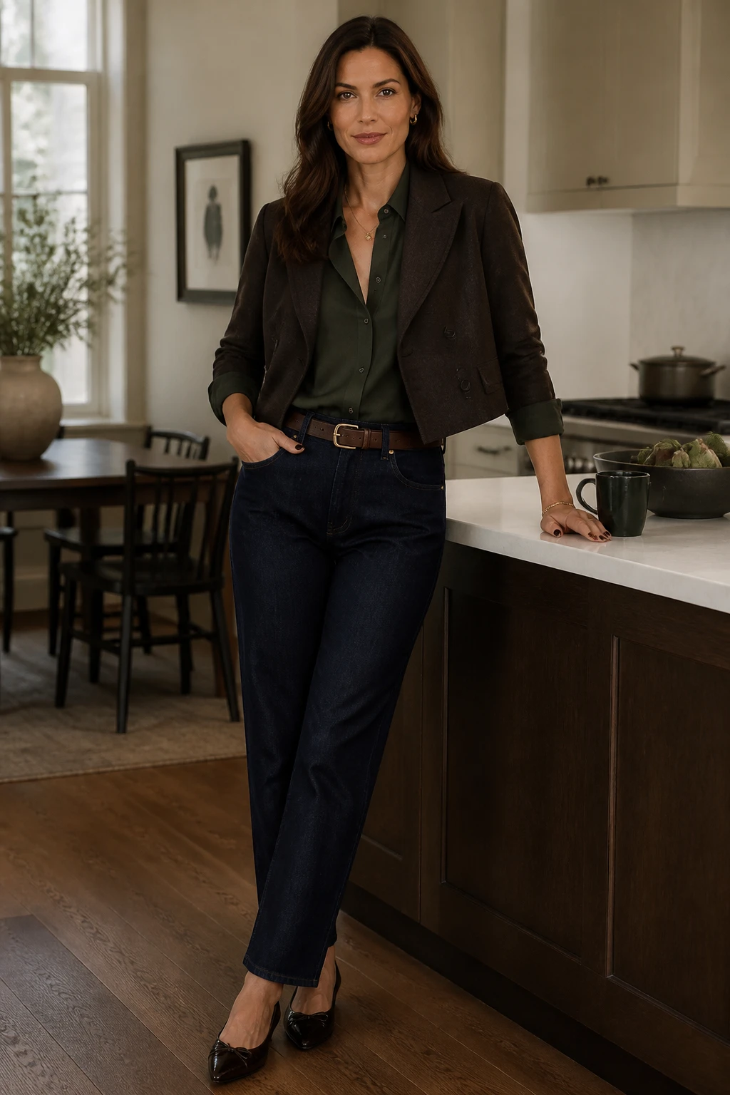 A chic woman in her mid-40s wears dark straight-leg denim, a forest silk blouse, and a cropped jacket with pointed flats and chocolate nails in a bright kitchen.