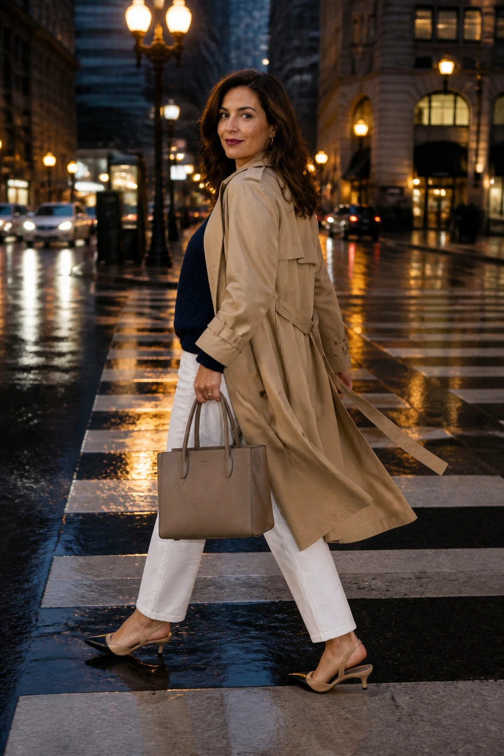 An elegant woman in her mid-40s styles white jeans with a navy knit, camel trench, and pointed slingbacks, carrying a structured tote.