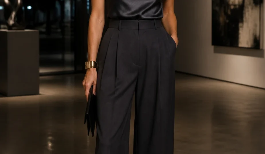 A chic woman in her mid-30s wears pleated wide-leg charcoal trousers with a sculptural asymmetric satin top, pointed slingbacks, and architectural jewelry.