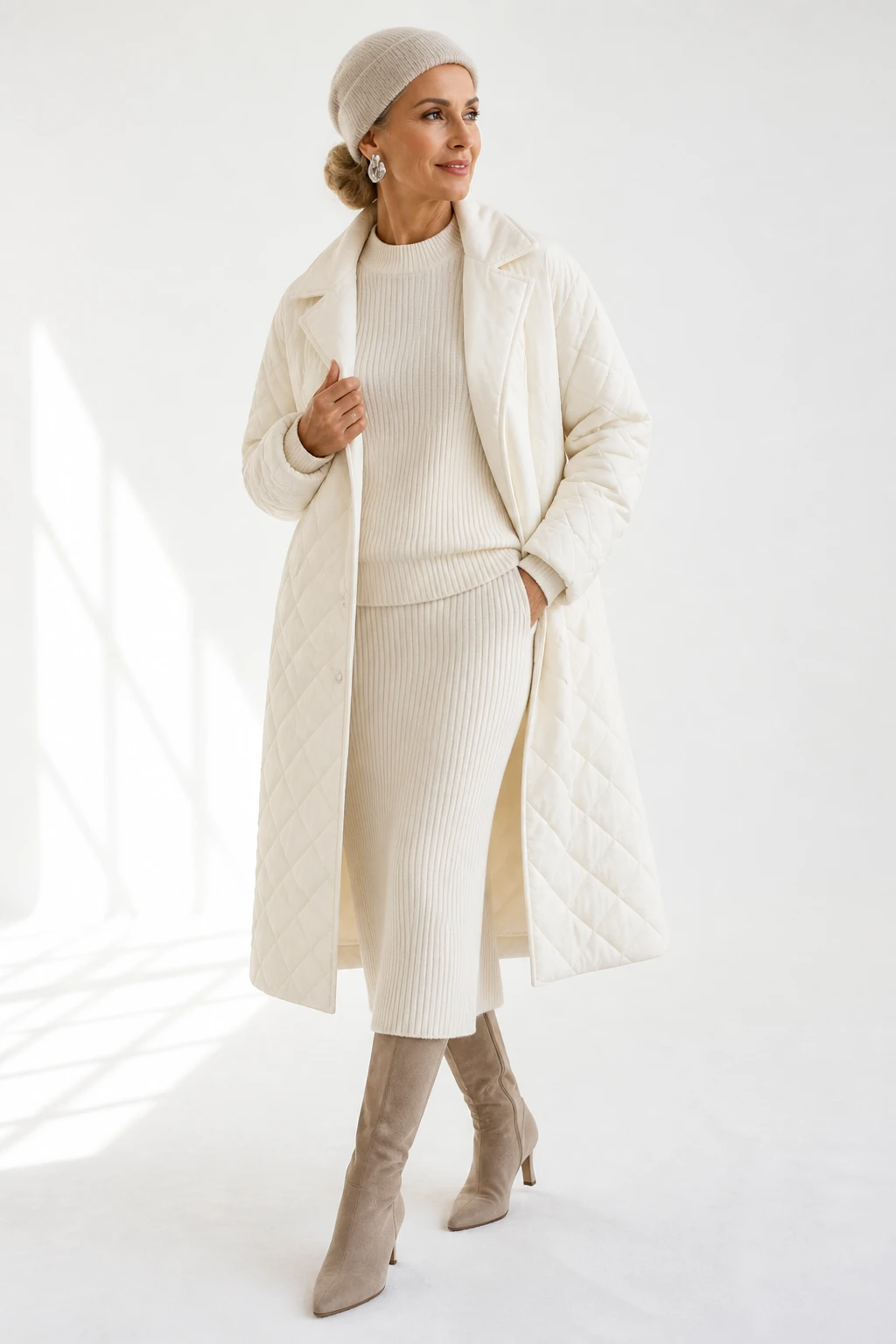 An elegant woman in her late 50s wears a winter white ribbed knit set with a bone quilted coat and taupe suede knee boots, pearl studs, and a tonal beanie.