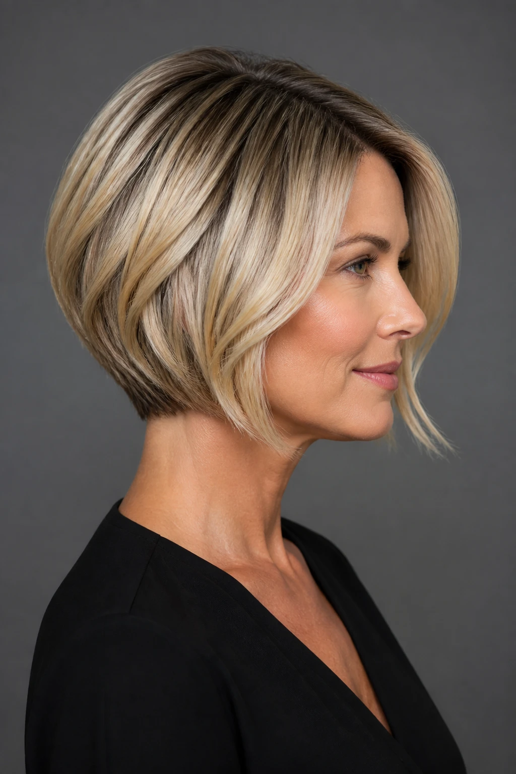 A chic woman in her mid-40s wears an angled bob with soft low graduation and brighter pieces toward the face.