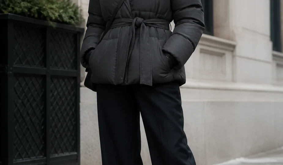 A stylish woman in her mid-50s wears a charcoal belted puffer over a merino turtleneck with ink wide-leg trousers and black Chelsea boots, gloves and tortoise glasses.