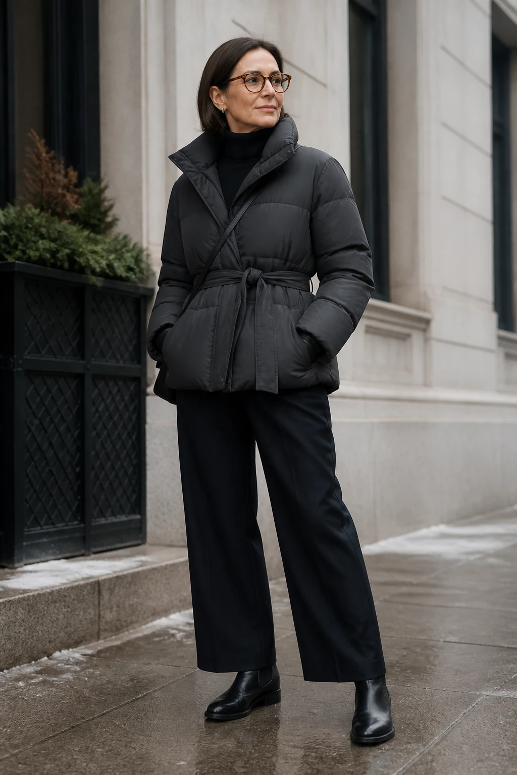 A stylish woman in her mid-50s wears a charcoal belted puffer over a merino turtleneck with ink wide-leg trousers and black Chelsea boots, gloves and tortoise glasses.
